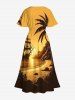 Plus Size Coconut Tree Seascape Ship Sun Mountain Print Split Hawaii Midi Dress -  