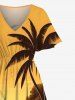 Plus Size Coconut Tree Seascape Ship Sun Mountain Print Split Hawaii Midi Dress -  