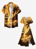 Plus Size Coconut Tree Seascape Ship Sun Mountain Print Split Hawaii Midi Dress -  