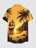 Plus Size Coconut Tree Seascape Ship Sun Mountain Print Buttons Pocket Hawaii Shirt For Men -  
