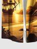 Plus Size Coconut Tree Seascape Ship Sun Mountain Print Buttons Pocket Hawaii Shirt For Men -  