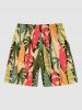 Plus Size Colorful Coconut Tree Colorblock Print Hawaii Drawstring Beach Shorts For Men -  
