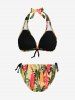 Ensemble de Bikini Plongeant Coloré Arbre de Noix de Coco Imprimé sans Dos à Col Halter - Multi-A 4XL