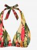 Ensemble de Bikini Plongeant Coloré Arbre de Noix de Coco Imprimé sans Dos à Col Halter - Multi-A 4XL