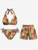 Ensemble de Bikini Plongeant Coloré Arbre de Noix de Coco Imprimé sans Dos à Col Halter - Multi-A 4XL