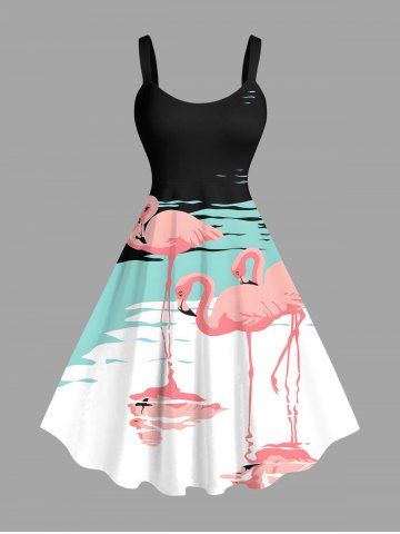 Plus Size Flamingo Lake Print Hawaii A Line Tank Dress - BLACK - L