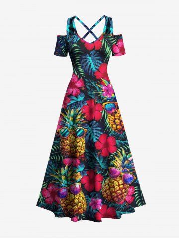 Plus Size Sunglasses Pineapple Tropical Flowers Leaf Print Cold Shoulder Crisscross Hawaii Maxi Dress