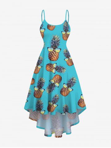 Plus Size Sunglasses Pineapple Print High Low Hawaii Cami Dress - LIGHT GREEN - M