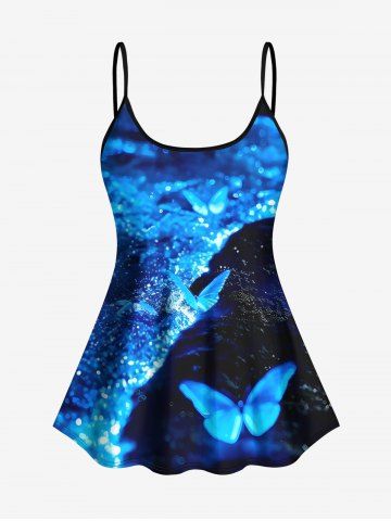 Glitter Butterfly Sea Print Hawaii Tankini Top(Adjustable Shoulder Strap) - BLUE - XS