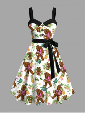 Plus Size Gorillas Coconut Tree Flowers Pineapple Masks Print Buttons Turn Down Collar Hawaii Dress With A Belt - WHITE - 1X
