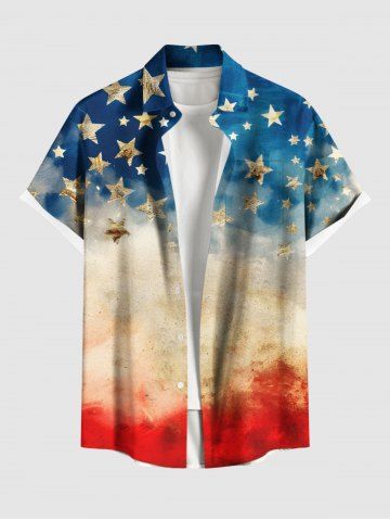 Plus Size Distressed Patriotic American Flag Print Button Pocket Shirt For Men