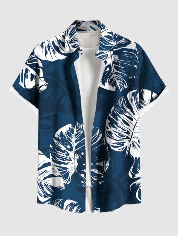 Plus Size Tropical Leaves Print Hawaii Ombre Button Pocket Shirt For Men - DEEP BLUE - XL
