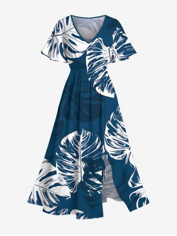 Plus Size Tropical Leaves Print Hawaii Ombre Split Pocket A Line Midi Dress - BLUE - 6X