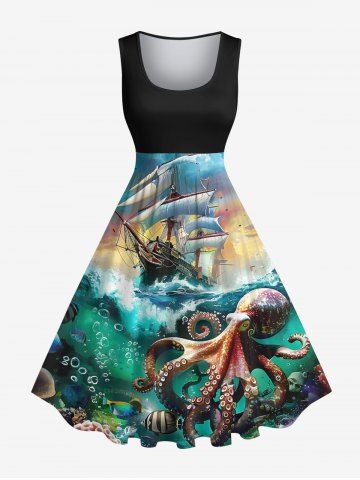 Plus Size Octopus Sea Waves Sailboat Ombre Sky Print Hawaii Cruise Vintage 1950s Swing A Line Dress - BLACK - L