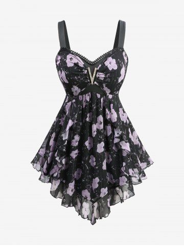 Plus Size Flowers Watercolor Print V Buckle Lace Trim Asymmetrical Tank Top - BLACK - L | US 12