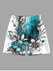 Plus Size Watercolor Flower Leaf Print Hawaii Beach Shorts For Men -  