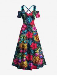 Plus Size Sunglasses Pineapple Tropical Flowers Leaf Print Cold Shoulder Crisscross Hawaii Maxi Dress -  