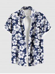 Plus Size Tropical Flowers Leaf Print Buttons Pocket Hawaii Shirt For Men -  