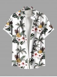 Plus Size Coconut Tree Flowers Leaf Print Buttons Pocket Hawaii Shirt For Men -  