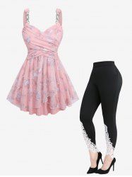Flower Print Embroidery Mesh Surplice Ribbed Tank Top and Appliques Leggings Plus Size Outfit -  
