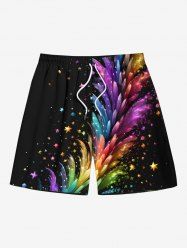 Plus Size Colorful Smoke Star Print Hawaii Drawstring Beach Shorts For Men -  