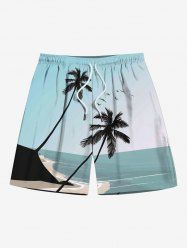 Plus Size Coconut Tree Sea Beach Bird Print Hawaii Drawstring Beach Shorts For Men -  