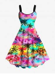 Plus Size Colorful Ombre Coconut Tree Print Hawaii A Line Tank Dress -  