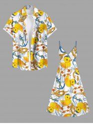 Duck Swimming Ring Anchor Sailboat Print Plus Size Matching Hawaii Beach Cruise Shirts Dress Outfit For Couples -  