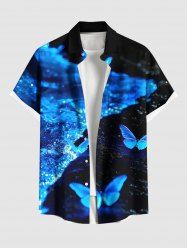 Plus Size Glitter Butterfly Sea Print Hawaii Button Pocket Shirt For Men -  
