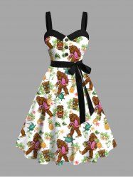 Plus Size Gorillas Coconut Tree Flowers Pineapple Masks Print Buttons Turn Down Collar Hawaii Dress With A Belt -  