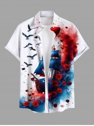 Plus Size Sailboat Bird Rose Flower Ink Painting Splatter Print Hawaii Cruise Shirt For Men -  
