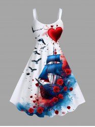 Plus Size Sailboat Bird Rose Flower Ink Painting Splatter Print Hawaii Cruise A Line Tank Dress -  