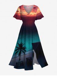 Plus Size Coconut Tree Sea Ombre Dusk Print Hawaii Split Pocket A Line Midi Dress -  