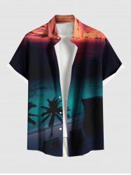 Plus Size Coconut Tree Sea Ombre Dusk Print Hawaii Button Pocket Shirt For Men -  