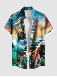 Plus Size Octopus Sea Waves Sailboat Ombre Sky Print Hawaii Cruise Button Pocket Shirt For Men -  