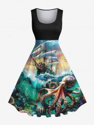 Plus Size Octopus Sea Waves Sailboat Ombre Sky Print Hawaii Cruise Vintage 1950s Swing A Line Dress -  