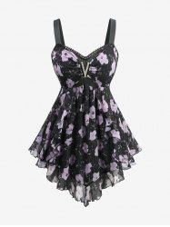 Débardeur asymétrique grande taille à imprimé floral aquarelle, boucle en V, bordure en dentelle - Noir M | US 10