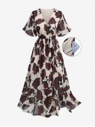 Plus Size Rose Flower Vine Print Split Pocket Surplice A Line Maxi Dress with Removable Tied Belt -  