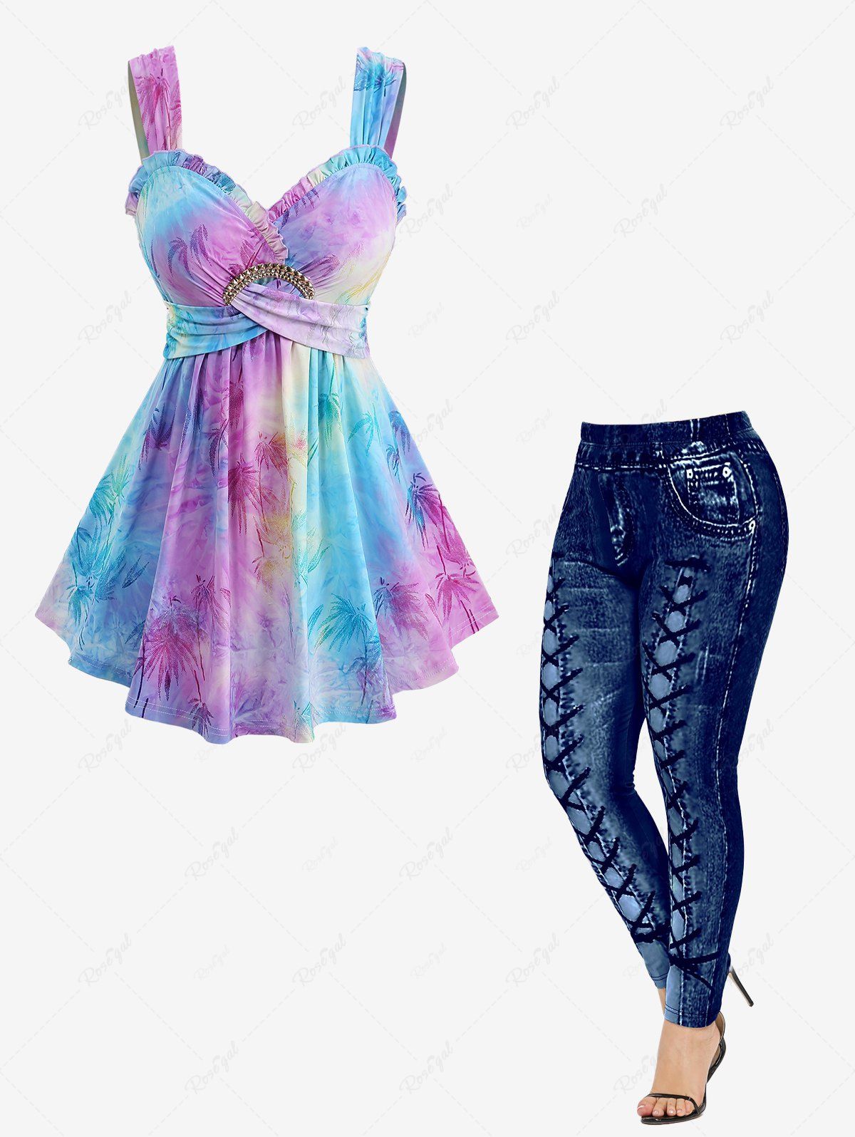 Buy Ombre Tie Dye Flocking Bamboo Leaf Tank Top and 3D Print Leggings Plus Size Outfit  