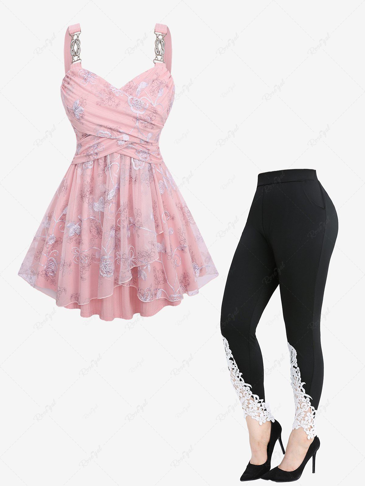 Trendy Flower Print Embroidery Mesh Surplice Ribbed Tank Top and Appliques Leggings Plus Size Outfit  