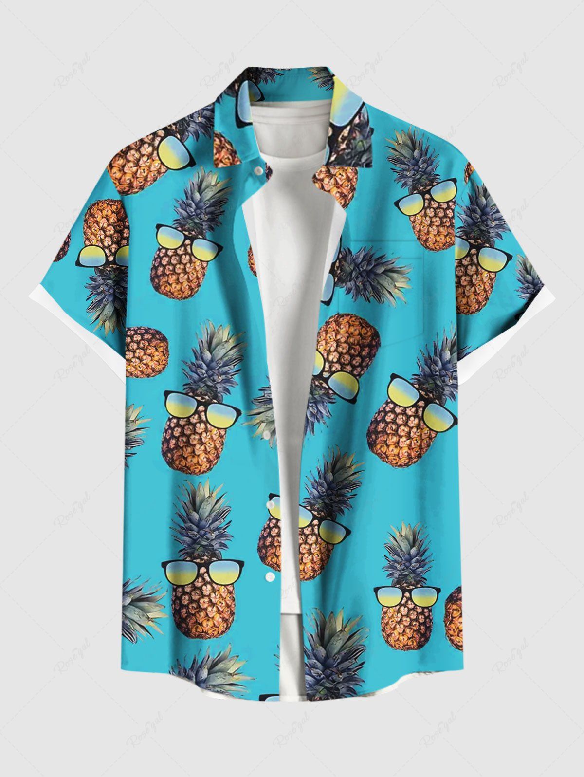 Discount Plus Size Sunglasses Pineapple Print Buttons Pocket Hawaii Shirt For Men  