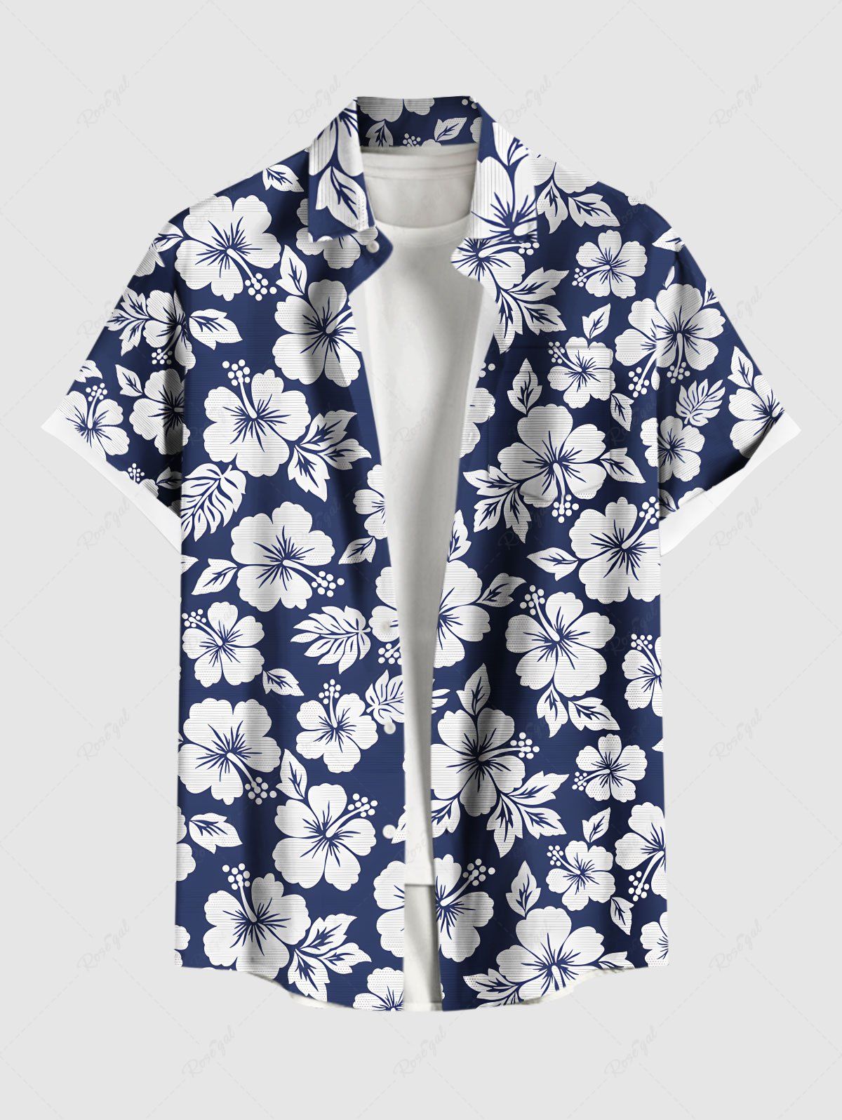 Fancy Plus Size Tropical Flowers Leaf Print Buttons Pocket Hawaii Shirt For Men  