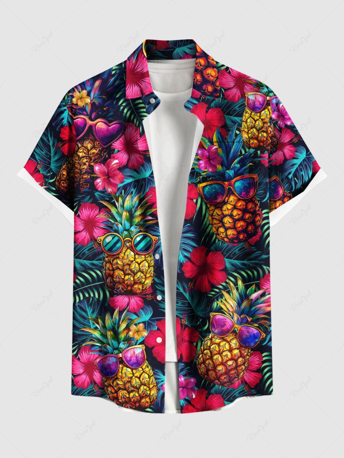 Hot Plus Size Sunglasses Pineapple Tropical Flowers Leaf Print Buttons Pocket Hawaii Shirt For Men  