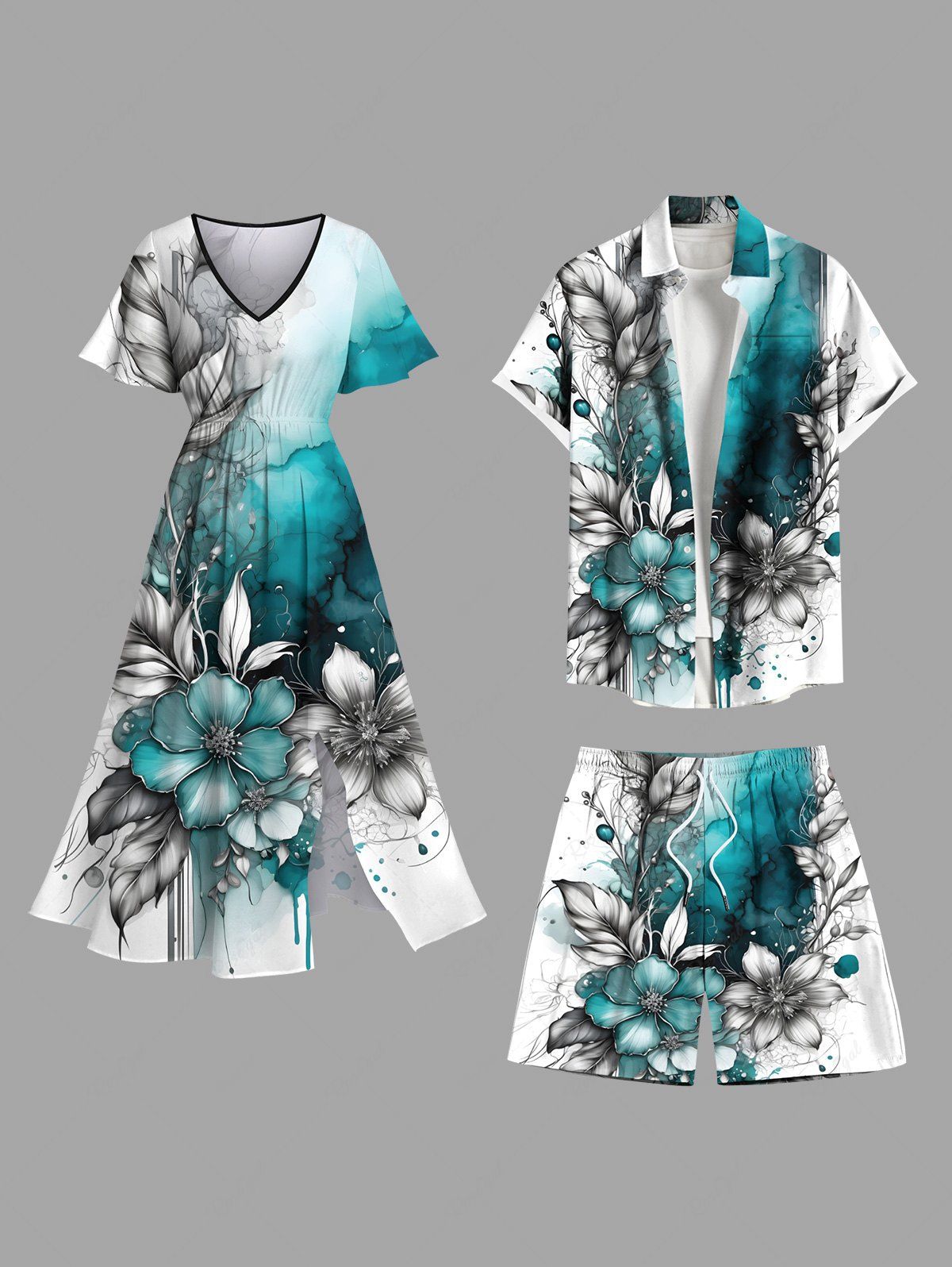 Flower Leaf Ombre Colorblock Paint Drop Print Plus Size Matching Hawaii Beach Outfit For Couples