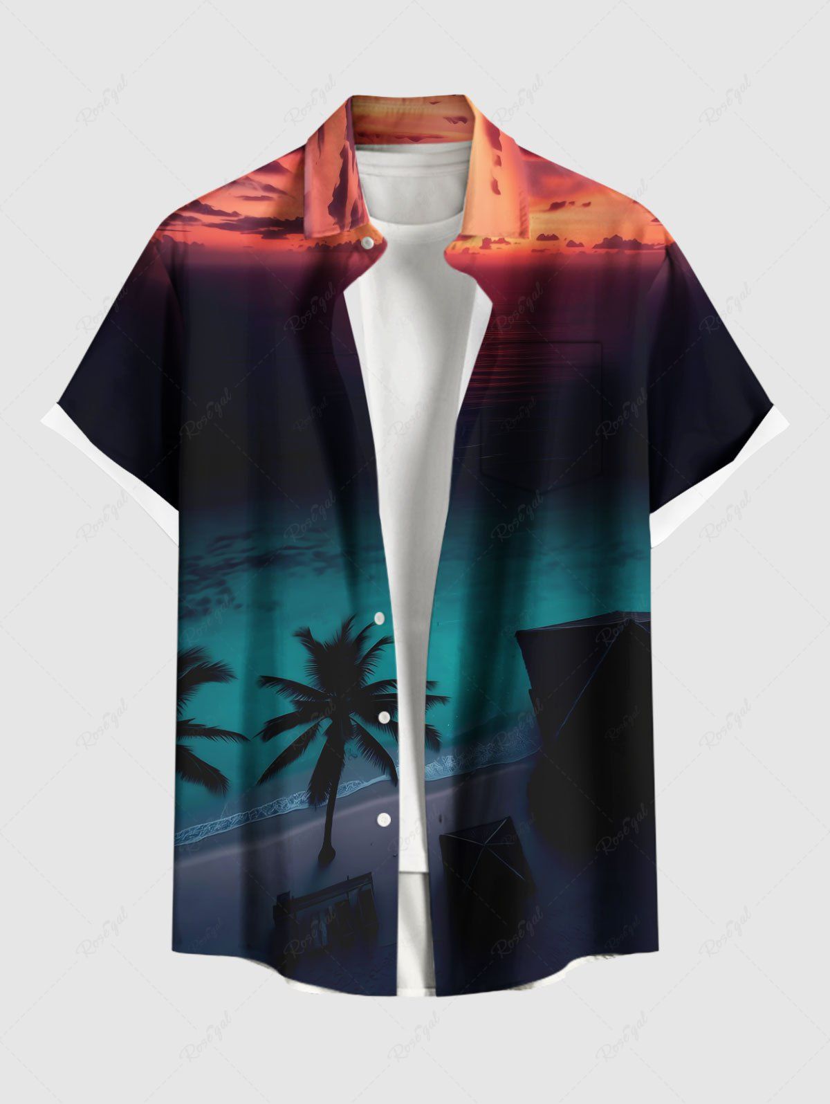 Fashion Plus Size Coconut Tree Sea Ombre Dusk Print Hawaii Button Pocket Shirt For Men  