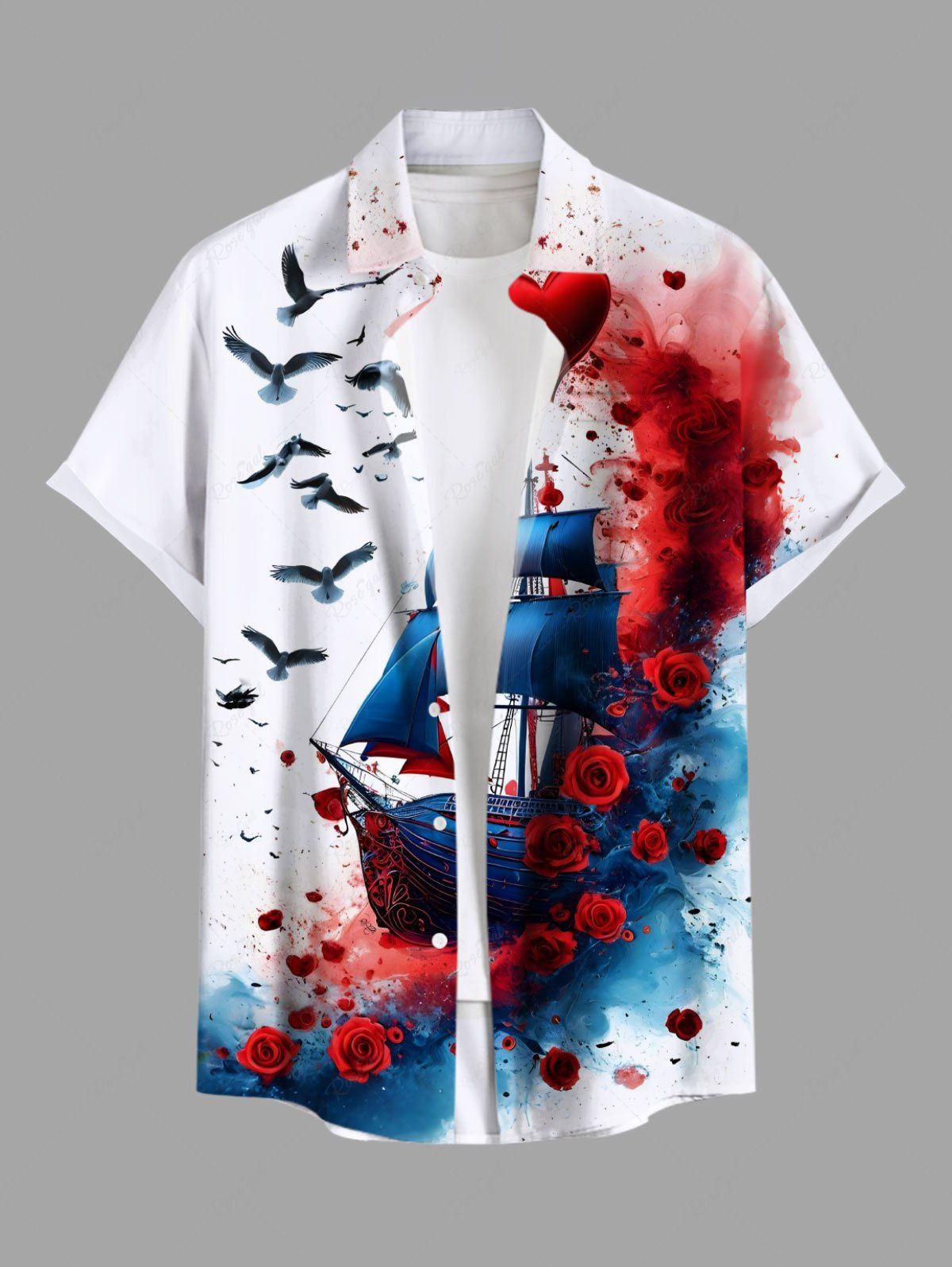 Cheap Plus Size Sailboat Bird Rose Flower Ink Painting Splatter Print Hawaii Cruise Shirt For Men  