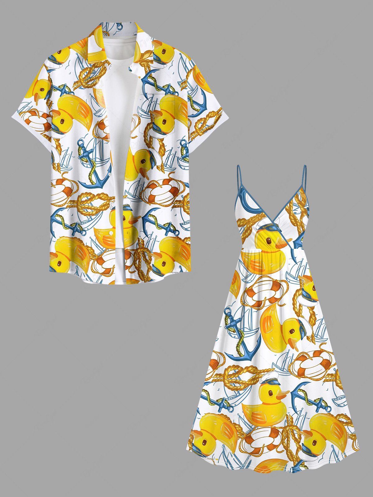 Sale Duck Swimming Ring Anchor Sailboat Print Plus Size Matching Hawaii Beach Cruise Shirts Dress Outfit For Couples  