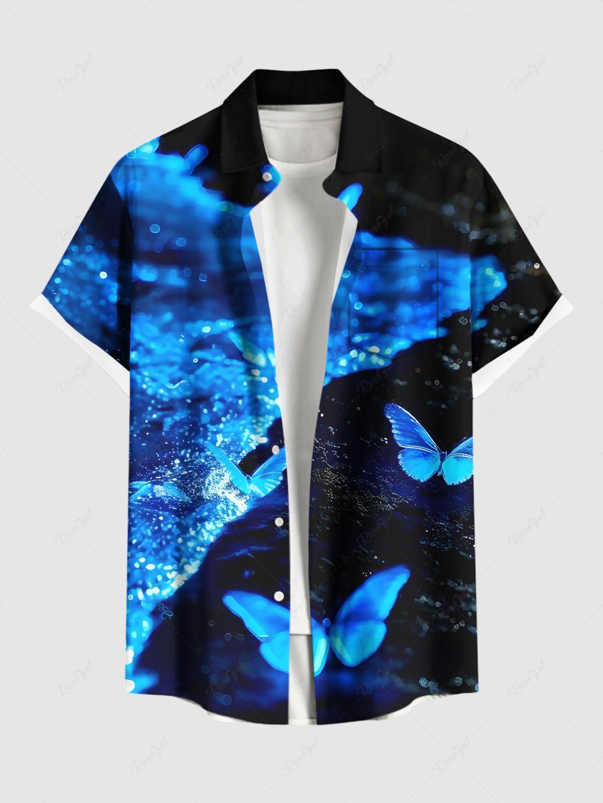Store Plus Size Glitter Butterfly Sea Print Hawaii Button Pocket Shirt For Men  