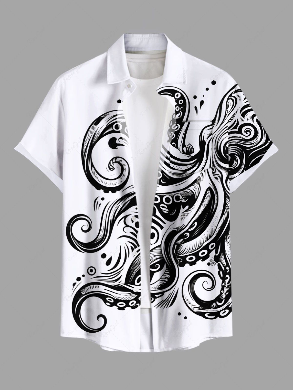 Shop Plus Size Octopus Two Tone Print Hawaii Button Pocket Shirt For Men  
