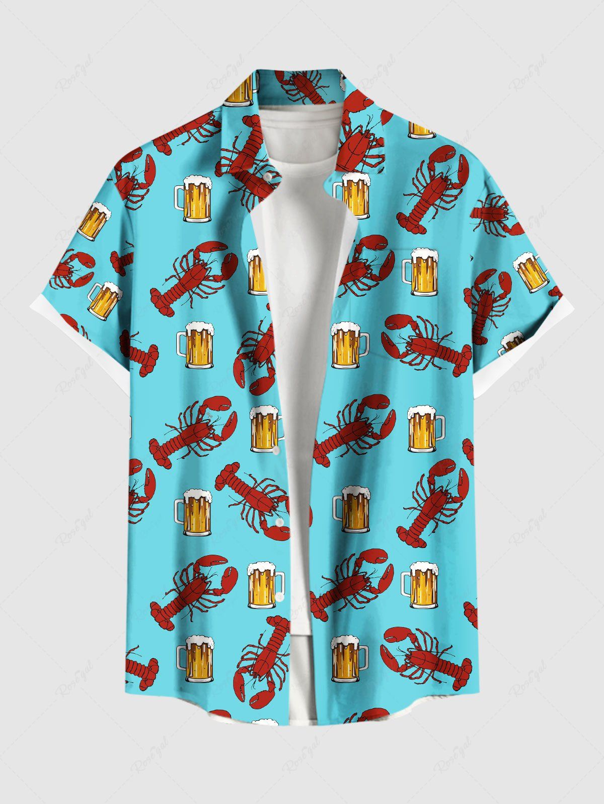 Hot Plus Size Beer Lobster Print Buttons Pocket Hawaii Shirt For Men  